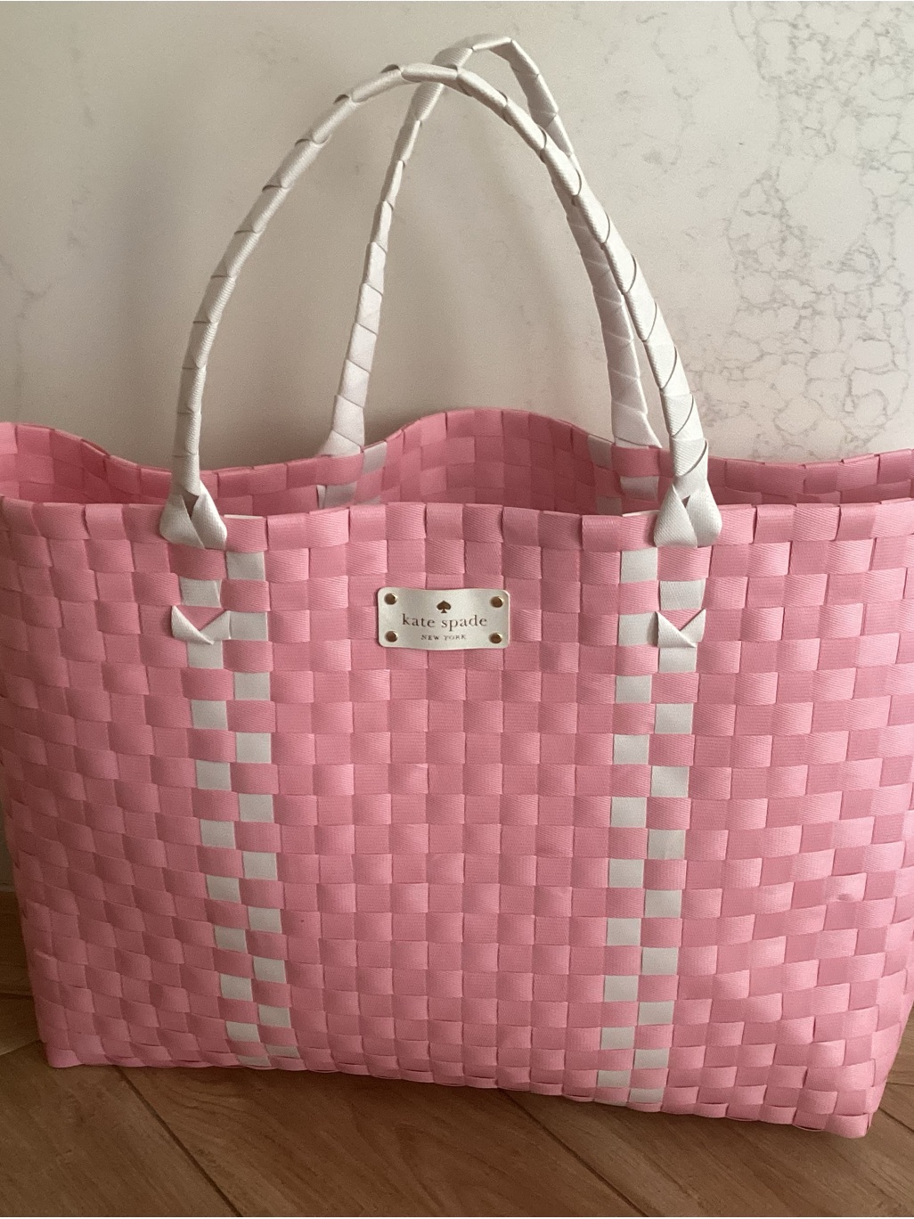 Kate Spade Pink And White Woven Tote